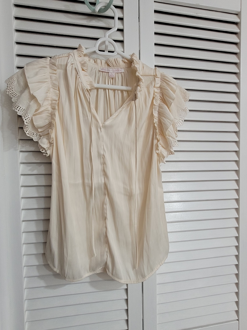 Cream Ruffle Sleeve Tie-Neck Blouse